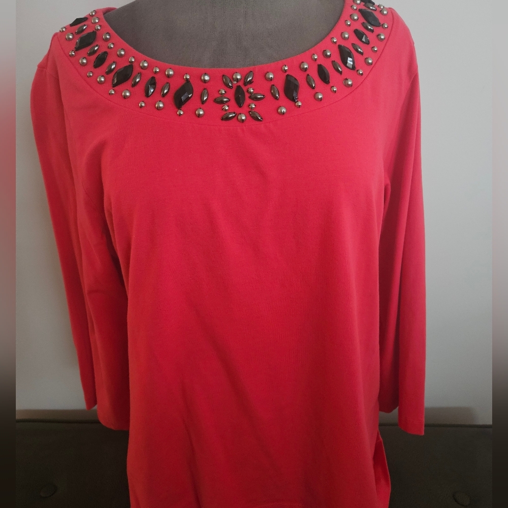 Chic Red Embellished Long Sleeve Top